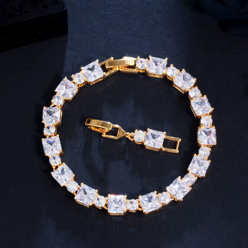 Threegraces Elegant Yellow Cubic Zirconia Geometric Square Tennis Bracelet for Women Fashion White Gold Color Party Jewelry B180